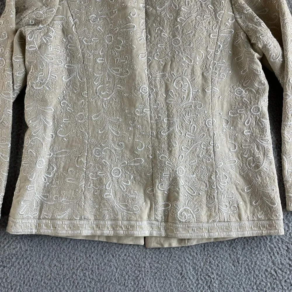 NEW Victor Costa Jacket Womens Medium Beige Blazer Linen Embroidered Floral Open